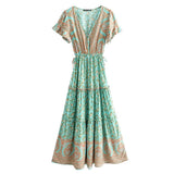 BOHO Covered Button V neck Floral print Bohemia Dress Summer Ethnic Woman Short Sleeve Tie Bow Strappy Maxi Long