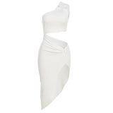 Fongt Summer New Women's Fashion Slanted Single Shoulder Hollow Solid Color Draw Folded Waist Dress