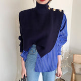 Chic 2020 Autumn High Collar Side Buttons Fake Two-piece Shirt Stitching Striped Bubble Sleeve Sweater Blue