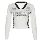 New Women's Vintage Letters High Waist Perspective V-Necked T-Shirt In Fall