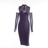 2021Spring Fall New Elegant Purple Hollow Out Long Sleeves Casual Evening Party Sexy Halter Women's Clothes Basic Maxi