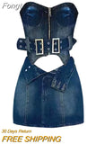 Women's Summer Denim Two Piece Set Suit Zipper Short Sleeve Strapless Crop Top Mini Skirt Shorts Y2k Vintage Streetwear