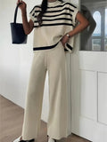 Fongt Casual High-Grade Striped Knitted Shoulder Clothes + Fashion Wide Leggings