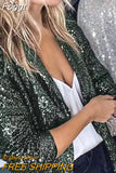 Women Fashion Glitter Sequin Shiny Party Tops Elegant Turn-down Collar Outerwear Coat Ladies Casual Long Sleeve Tops