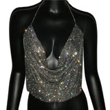 Women Sparkly Rhinestone Sexy Two Piece Set 2023 New Low Cut Sleeveless Halter Backless Party Top Split Empire Mini