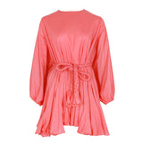 TWOTWINSTYLE 2022 Summer A Line Women's Dress O Neck Long Sleeve High Waist Sashes Slim Rose Color Mini Dresses Female