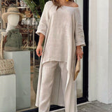 Fongt New Women's Cotton And Cotton Fashion Casual Large Code Irregular Long-Sleeved Set Of Wide Leg Pants Two Sets