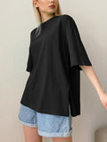 Fongt Loose Open Fork Cotton Short-Sleeved T-Shirt Women Comfortable Round Neck Solid Color T Hot Sale