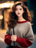 Fongt And Winter New Hong Kong Style Chic Top Female Design Color Collar Knitted Shirt Age Reduction Lantern Sleeve Long-Sleeved Sweater