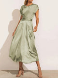 Women's Dress Elegant Satin Silk Green Office Ladies Lace-up Midi Dress Chic Evening Party Dresses for Women 2023 New-Outfit