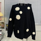 Knitwear Sweaters Women Chic 3D Floral Casual Jumper Sueter De Mujer Casual Black Knit Oversized Pullover Y2k