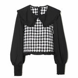 Contrast Color Lantern Sleeve Splicing Short Shirts Female Smock O Neck Blouses Casual Lady Loose Tops Blusas
