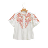 Fongt Women's New Bubble Sleeve Embroidered Short-Sleeved Shirt 2595