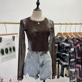 Real Shooting Front Double-Layer Tie-Dye Printing Mesh Long-Sleeved Top Short High-Waisted T-Shirt T-Shirt