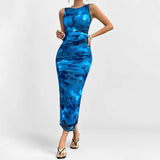 Fongt Spring Summer New Women's Temperament Elegant Sleeveless Open Forked Waist Sexy Printed Fashion Dress