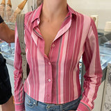 Fongt Retro Pink Striped Long Sleeve Shirt Women's Polo Collar Slim Slim Single Breasted Top-Outfit