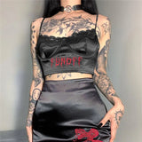 Gothic Punk Black Lace Frill Crop Top Summer Backless Spaghetti Strap Camisole Tee Women Embroidery Letter Vest