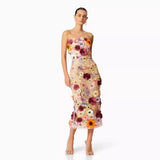 Fongt Spring Dresses Sexy Sleeveless Colorful Three-Dimensional Flowers Embroidered Dress With Broom And