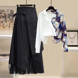 Ladies Elegant Two Piece Set 2022 Spring Long Sleeve Print Patchwork Blouse And Mesh Irregular Skirts