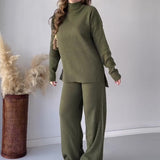 Fongt 2025 New Fashion Pure Color Round-Neck Casual Knitted Wide Leg Trousers Two Sets