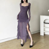 Fongt Temperament Flounce Square Collar Slit Dress Female Solid Color Long Sleeve Strap Wrap Buttock Long Skirt-Outfit