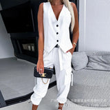 New 2023 Striped Sleeveless Vest Suit Casual Commuter Nine Split Pants (2 Pieces-Outfit