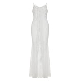 Fongt Chinese Chinese Light Green Shoulder Butterfly Print Fishtail Sling Skirt Sexy Hip Through Mesh Dress