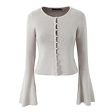 Beige Knit Pearl Buttons Knitted Cardigan Crop Top And Mini Skirt Set-Outfit