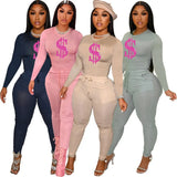 Solid Women Skinny Two Piece Sets Spring Bodycon Tracksuits Dollar Print Top And Leggings Pants 2pcs Outfits 2022