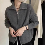Fongt Zipper Autumn Winter Collar Solid Color Lazy Wind Wear Sweater Coat Jacket Korean Version Soft Waxy Women-Outfit