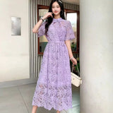 Fongt Retro High-End Squealing Hook Lace Dress Women's Summer Waist Thin Temperament A-Word Fairy Dress