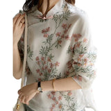 Fongt 2025 New Chinese Style Improved Cheongsam Peach Shirt Retro Buckle Long-Sleeved Printed Shirt Woman