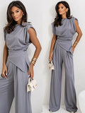 Fongt Faitry Face Solid-Colored Collared Folded Fork Vest Top Broad Leg Trousers Set Summer