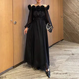 2025 Spring New Fashion Temperament Shoulder Three-Dimensional Flowers Splicing Design Lantern Sleeve Long Dress