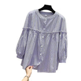 Fongt 2025 Spring And Autumn Korean Version Of The Round-Necked Women's Shirt Age-Old Doll Shirt Fashion Casual Thin Nine-Sleeved Lace Shirt