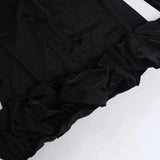 Black Velvet Long Sleeve Puff Trim Bodycon Mini Dress-Outfit