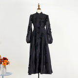 Fongt Spring Dress New Elegant Famous Color Nails Half High-Collar Lantern Sleeve Flowers With Large Skirt Dress