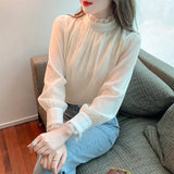 Fongt Shot Plus Velvet Winter New Sweet Standing Collar Pearl Splicing Decorative Jacket Design Sense Bubble Sleeve Shirt-Outfit