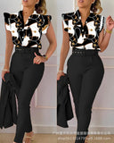 Series) 2023 Women's Red Print Shirt Pantsuit-With A Belt-Outfit