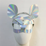 Holographic Mask PU Faux Leather Adjustable Belt Rivet Hollow Out Patchwork Masks With Two Ears Rave Festival Chic