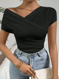 Fongt Spring And Summer Explosion Folding Collar V Collar Sexy Blouse Lady Short-Sleeved T-Shirt