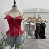 Fongt Shoot Hottie Hanging Neck Zipper Open Fork Sling Vest Pu Skin Bra Repair Short Sleeveless Top 8112