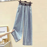 Women Summer Two Pieces Set Korean Casual Ruffles Lace Patchwork Letter Print Top And Wide Leg Denim Pants