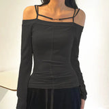 Fongt 2024 New Women's Long Sleeve One-Line Shoulder Sexy Top Casual Thin