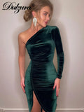 Solid Long Sleeve One Shoulder Ruched Slit Velvet Midi Dress Bodycon Sexy Party Club Elegant Evening Christmas 2021