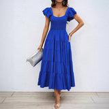 Fongt Summer Women's Casual Square Collar Print Folded Lotus Leaf Sleeve Dress Flowing Bohemian