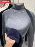 For Women Winter Thicken Turtleneck Slim Knit Pullover New Warm Plush Velvet Lined Knitwear Jumper Tops Casual