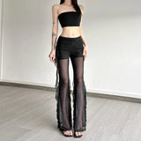 Fongt 2025 Summer New Women's Sexy Hottie Lotus Side Design Folding Mesh Splicing Perspective Leisure Pants