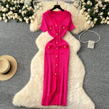 Fongt Little Scent Retro V-Neck Metal Single-D Row Buckle Slimming Temperament Knitted Dress Spring