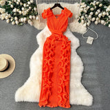 Fongt High-End High-End Light Luxury Small Frills Fold Three-Dimensional Lotus Leaf Side Of The Long Temperament Dress Woman